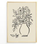 Indlæs billede til gallerivisning Minimalist black and white floral vase line art print plakat with botanical design in a black frame on beige background
