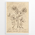 Indlæs billede til gallerivisning Vintage floral sketch art print with hand-drawn flowers and handwritten text on aged beige paper in a black frame.
