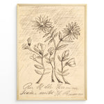 Indlæs billede til gallerivisning Vintage floral sketch art print with hand-drawn flowers and handwritten text on aged beige paper in a black frame.
