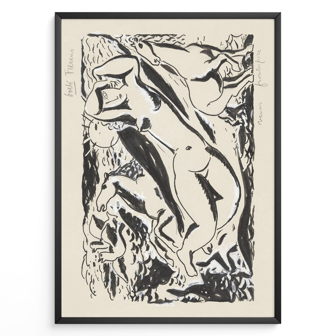 Abstract black and white nude figure art print plakat in expressionist style framed in black on beige background.