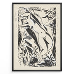 Indlæs billede til gallerivisning Abstract black and white nude figure art print plakat in expressionist style framed in black on beige background.
