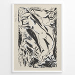 Indlæs billede til gallerivisning Abstract black and white nude figure art print plakat in expressionist style framed in black on beige background.
