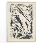 Indlæs billede til gallerivisning Abstract black and white nude figure art print plakat in expressionist style framed in black on beige background.
