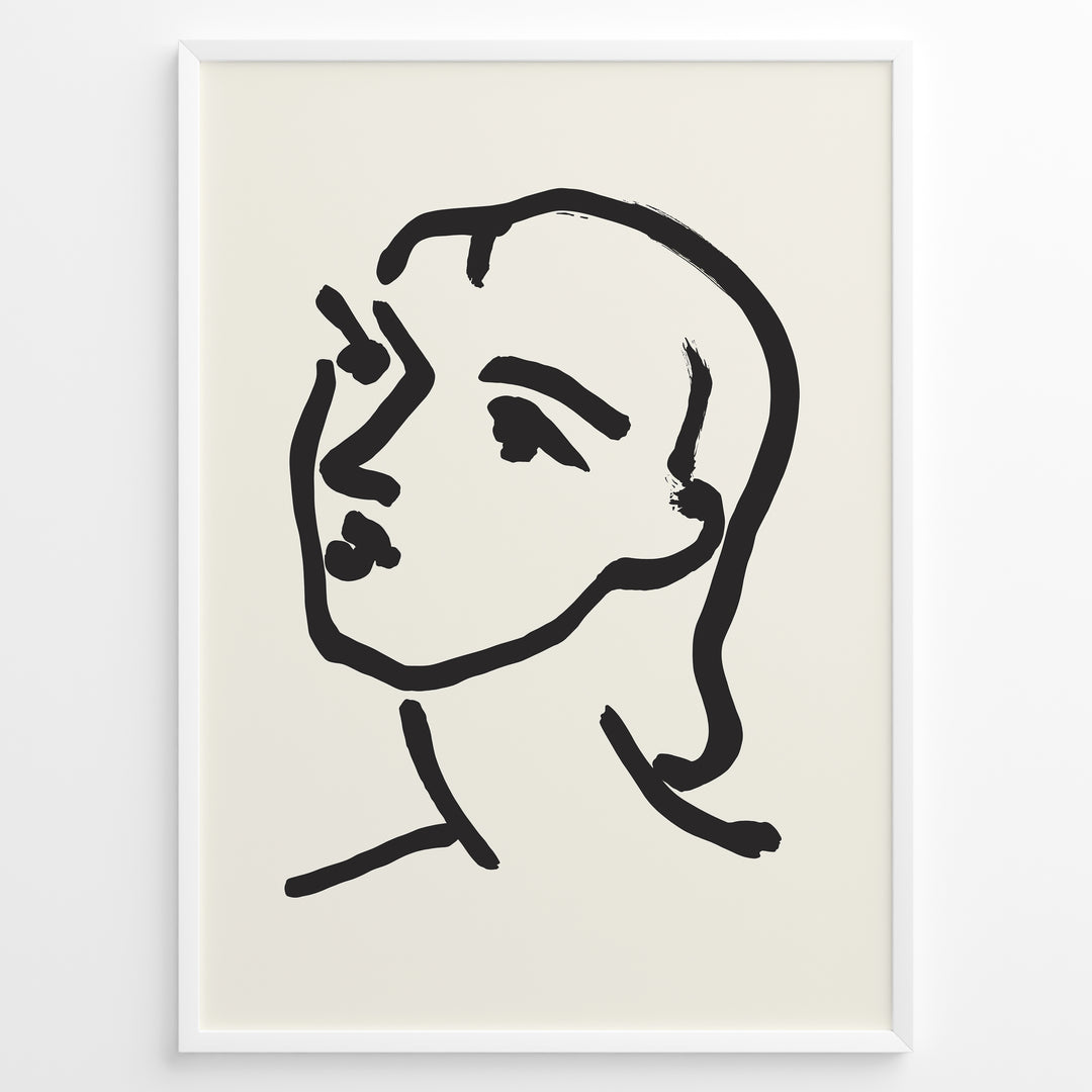 Framed minimal abstract face line art poster with bold black brush strokes on a beige background.