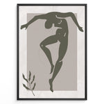 Indlæs billede til gallerivisning Framed abstract nude dance art poster with minimalist green figure on textured beige background and a small leaf detail.
