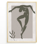 Indlæs billede til gallerivisning Framed abstract nude dance art poster with minimalist green figure on textured beige background and a small leaf detail.

