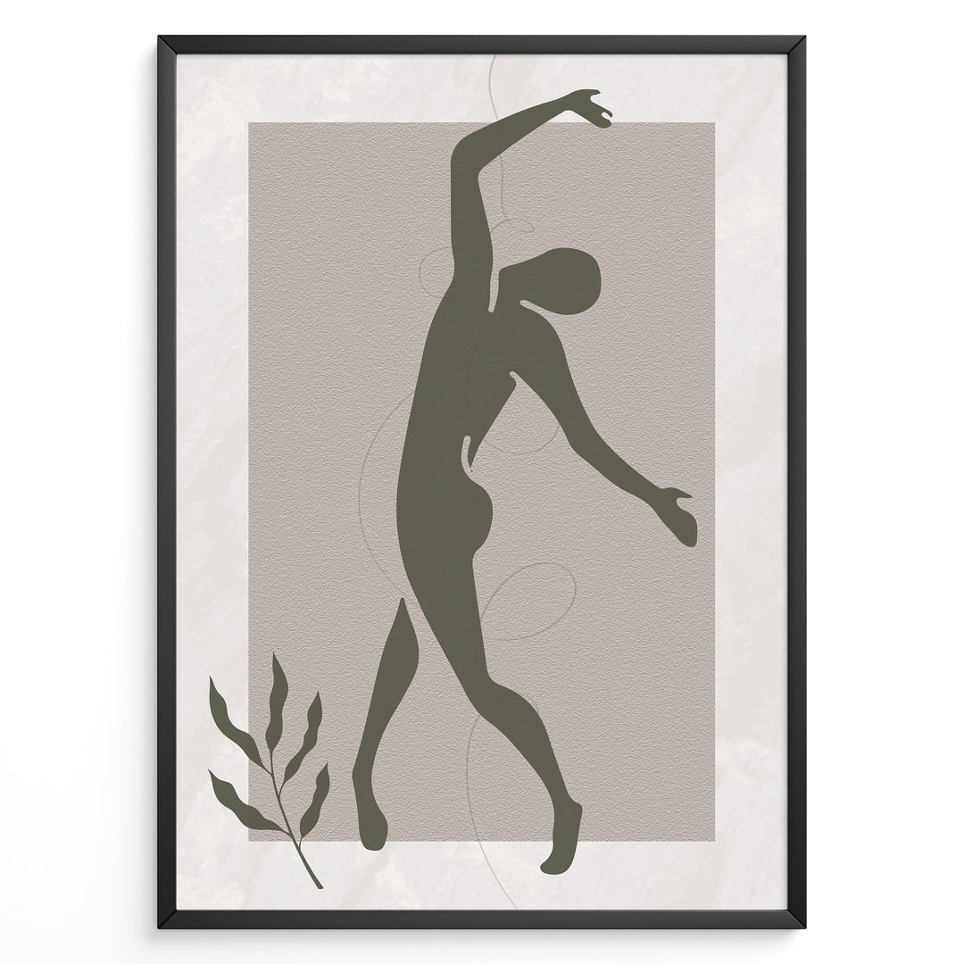 Framed abstract minimalist art poster with olive green dancing figure on textured beige background and a small leaf accent.