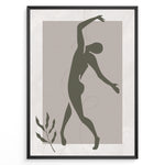 Indlæs billede til gallerivisning Framed abstract minimalist art poster with olive green dancing figure on textured beige background and a small leaf accent.
