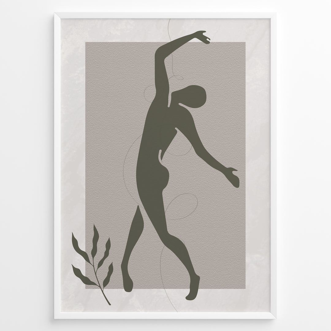 Framed abstract minimalist art poster with olive green dancing figure on textured beige background and a small leaf accent.