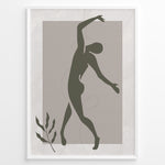 Indlæs billede til gallerivisning Framed abstract minimalist art poster with olive green dancing figure on textured beige background and a small leaf accent.
