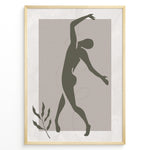 Indlæs billede til gallerivisning Framed abstract minimalist art poster with olive green dancing figure on textured beige background and a small leaf accent.
