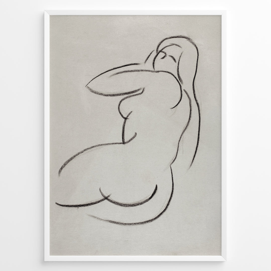 Framed minimalist nude sketch poster with soft black line art of a seated female figure on a light textured beige background.