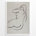 Indlæs billede til gallerivisning Framed minimalist nude sketch poster with soft black line art of a seated female figure on a light textured beige background.
