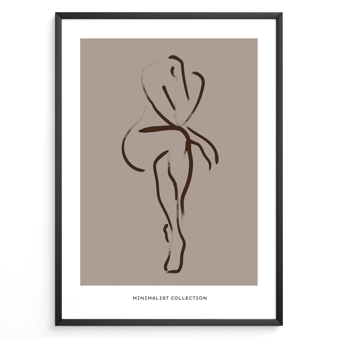 Framed minimalist nude line art poster showing an abstract female figure outline in brown on a taupe background.