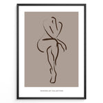 Indlæs billede til gallerivisning Framed minimalist nude line art poster showing an abstract female figure outline in brown on a taupe background.
