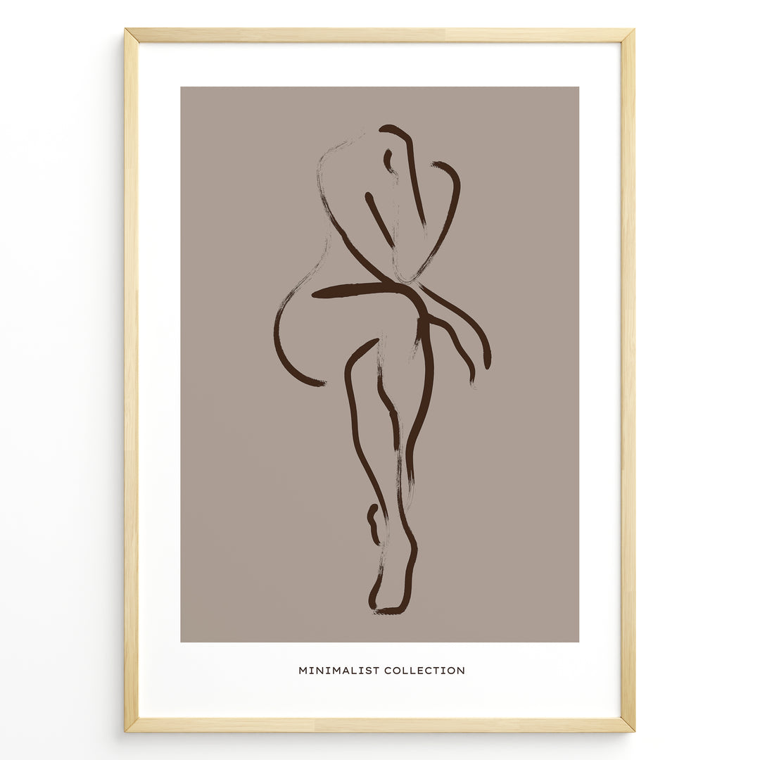 Framed minimalist nude line art poster showing an abstract female figure outline in brown on a taupe background.