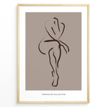 Indlæs billede til gallerivisning Framed minimalist nude line art poster showing an abstract female figure outline in brown on a taupe background.
