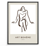 Indlæs billede til gallerivisning Framed Art Bohème poster with minimalist abstract nude line drawing in brown on a white and beige background.
