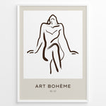 Indlæs billede til gallerivisning Framed Art Bohème poster with minimalist abstract nude line drawing in brown on a white and beige background.
