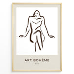 Indlæs billede til gallerivisning Framed Art Bohème poster with minimalist abstract nude line drawing in brown on a white and beige background.
