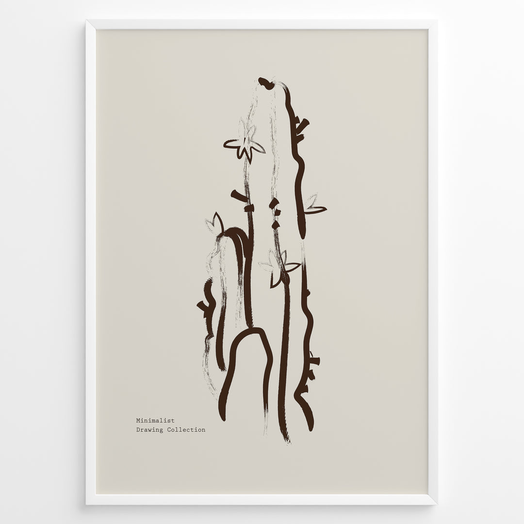 Framed “Minimalist Drawing Collection” poster with abstract brown cactus and small flowers line art on a beige background in a modern style.