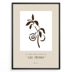 Indlæs billede til gallerivisning Framed “Les Pêches No.01” poster with minimalist brown line art of peaches and leaves on a branch, from the Le Jardin Fleuri Collection.
