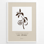 Indlæs billede til gallerivisning Framed “Les Pêches No.01” poster with minimalist brown line art of peaches and leaves on a branch, from the Le Jardin Fleuri Collection.
