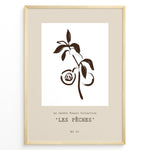 Indlæs billede til gallerivisning Framed “Les Pêches No.01” poster with minimalist brown line art of peaches and leaves on a branch, from the Le Jardin Fleuri Collection.
