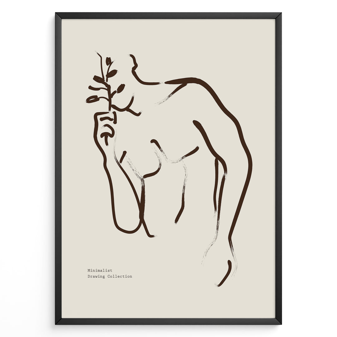 Framed “Fleur Sauvage No.19” poster with minimalist brown wildflower line art on a taupe background, from the Jardin Minimalist Collection.
