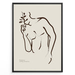 Indlæs billede til gallerivisning Framed “Fleur Sauvage No.19” poster with minimalist brown wildflower line art on a taupe background, from the Jardin Minimalist Collection.
