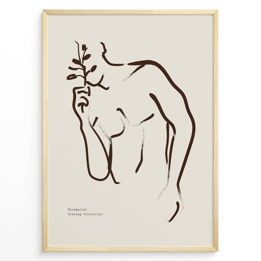 Framed “Fleur Sauvage No.19” poster with minimalist brown wildflower line art on a taupe background, from the Jardin Minimalist Collection.