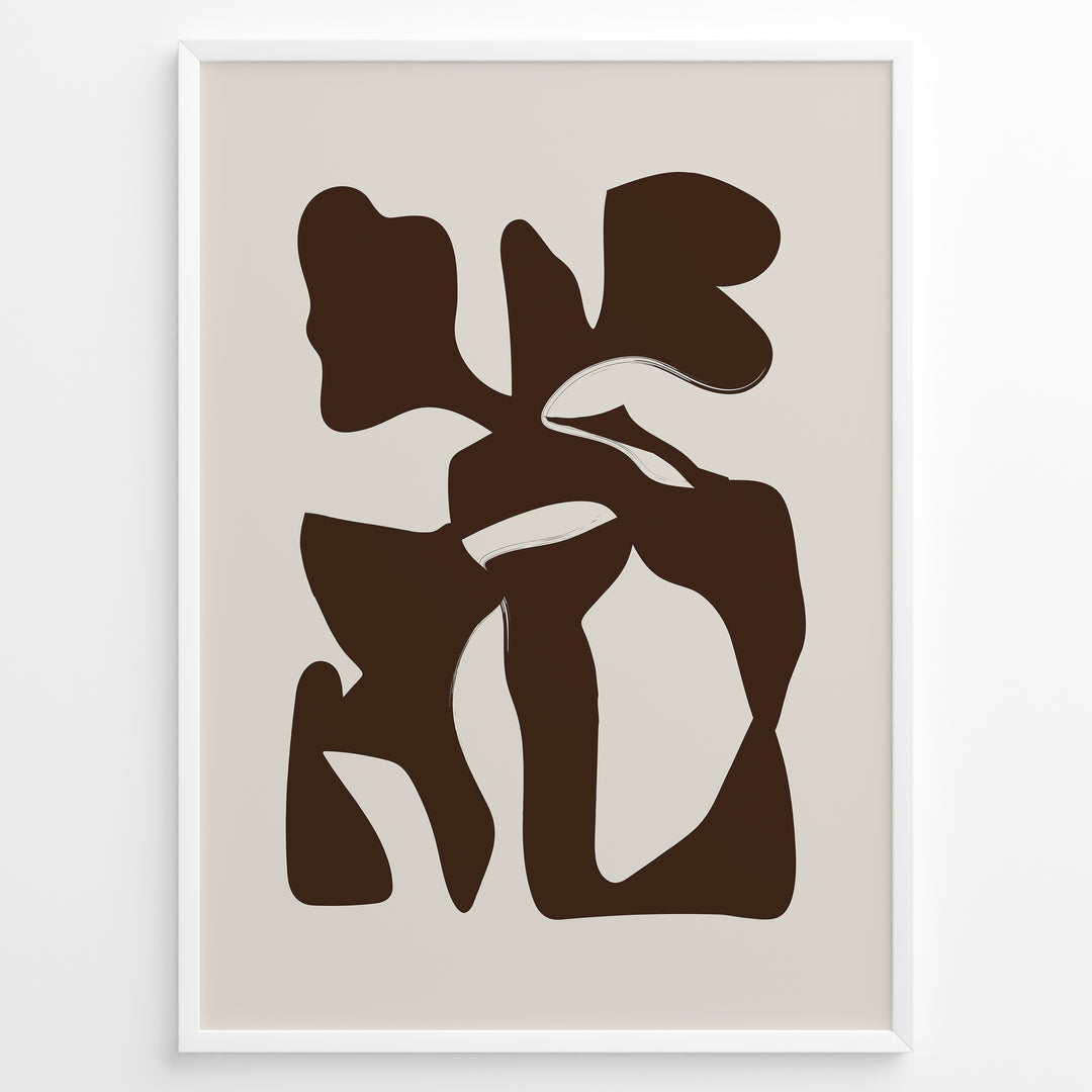 Framed abstract poster with bold brown organic shapes on a beige background in a minimalist modern style.