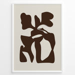 Indlæs billede til gallerivisning Framed abstract poster with bold brown organic shapes on a beige background in a minimalist modern style.
