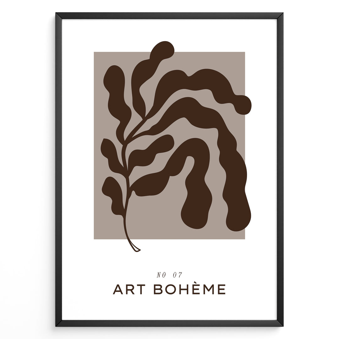 Framed “Art Bohème No.07” poster featuring abstract brown botanical shapes on a taupe background in a minimalist modern style.