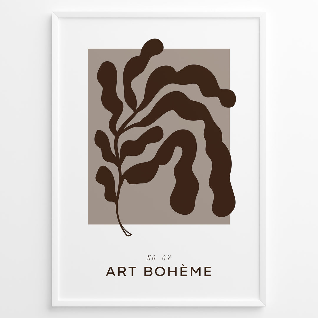 Framed “Art Bohème No.07” poster featuring abstract brown botanical shapes on a taupe background in a minimalist modern style.