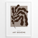 Indlæs billede til gallerivisning Framed “Art Bohème No.07” poster featuring abstract brown botanical shapes on a taupe background in a minimalist modern style.
