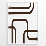 Indlæs billede til gallerivisning Framed geometric abstract poster with bold brown curved lines on a white background in a minimalist modern style.
