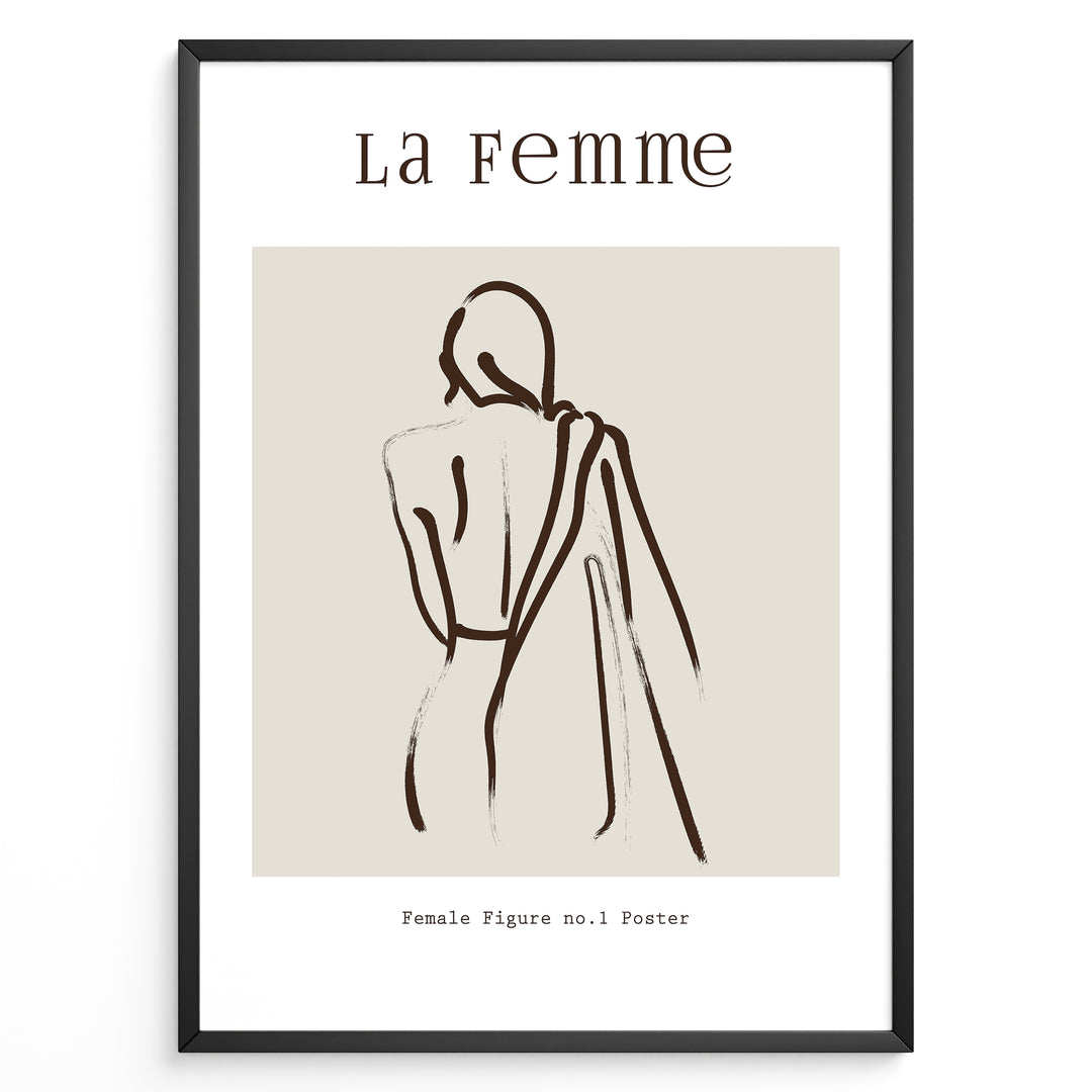 Framed “La Femme No.1” poster with minimalist brown line art of a woman’s back draped in fabric on a beige background.