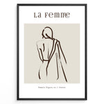 Indlæs billede til gallerivisning Framed “La Femme No.1” poster with minimalist brown line art of a woman’s back draped in fabric on a beige background.

