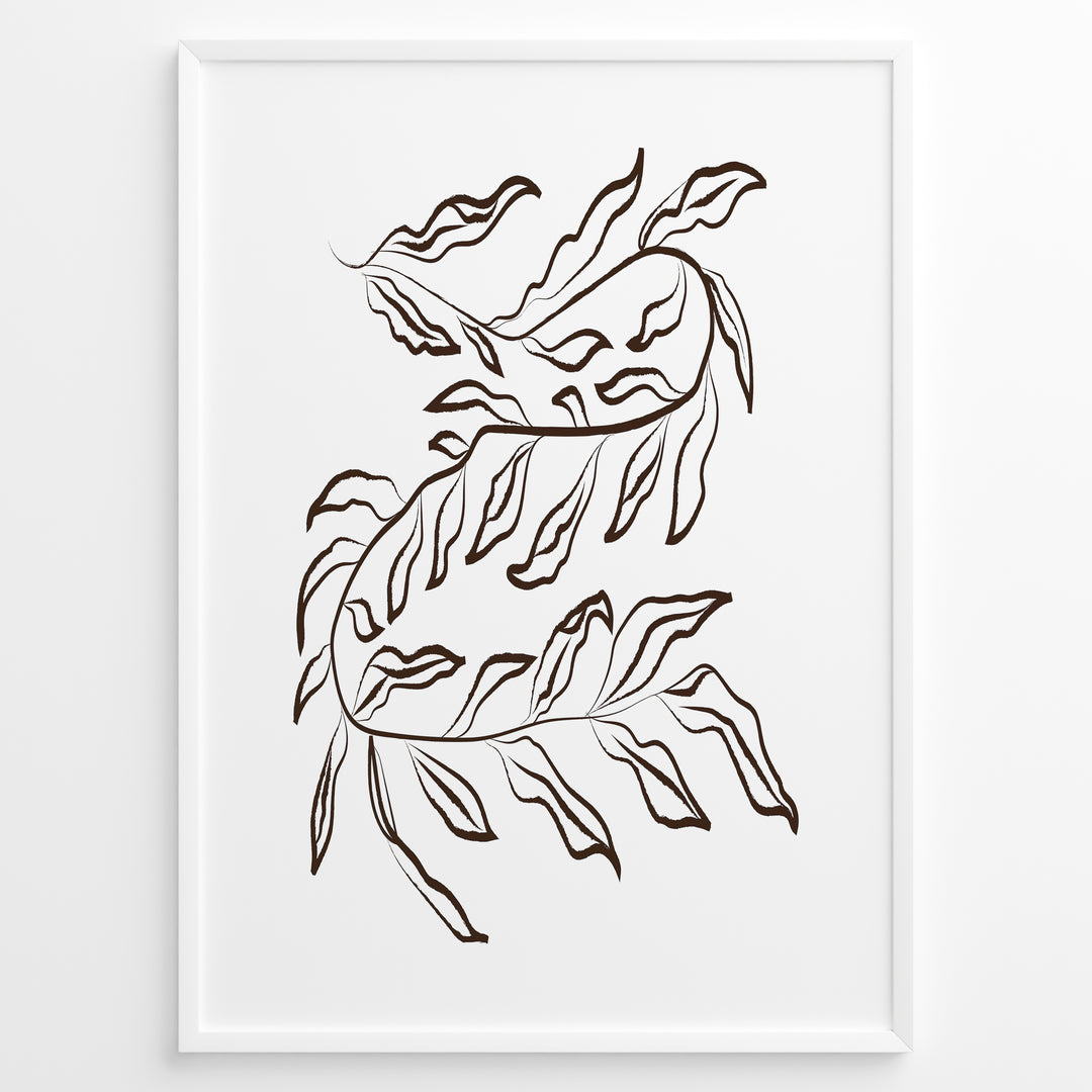 Framed botanical poster with elegant brown line art of flowing leafy branches on a white background in a minimalist modern style.