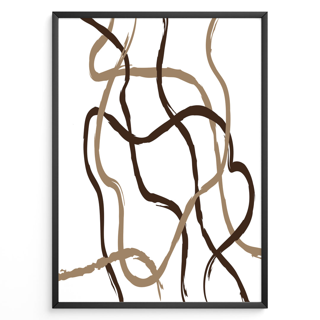 Framed abstract poster with brown and beige curved brushstroke lines on a white background in a minimalist modern design.