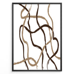 Indlæs billede til gallerivisning Framed abstract poster with brown and beige curved brushstroke lines on a white background in a minimalist modern design.
