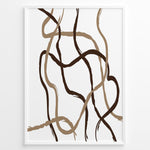 Indlæs billede til gallerivisning Framed abstract poster with brown and beige curved brushstroke lines on a white background in a minimalist modern design.
