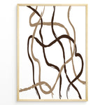 Indlæs billede til gallerivisning Framed abstract poster with brown and beige curved brushstroke lines on a white background in a minimalist modern design.
