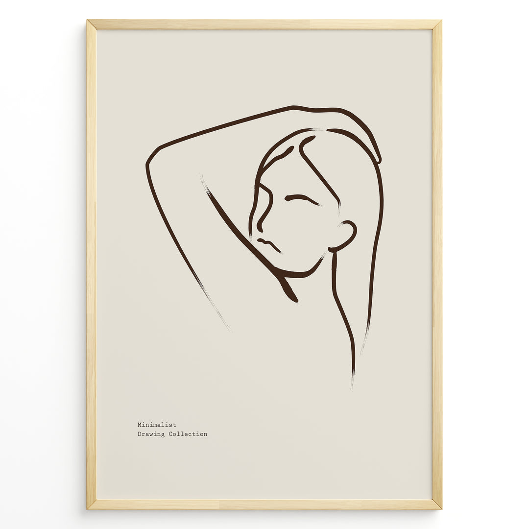 Framed minimalist poster with elegant brown line art of a woman’s face and raised arm on a beige background.