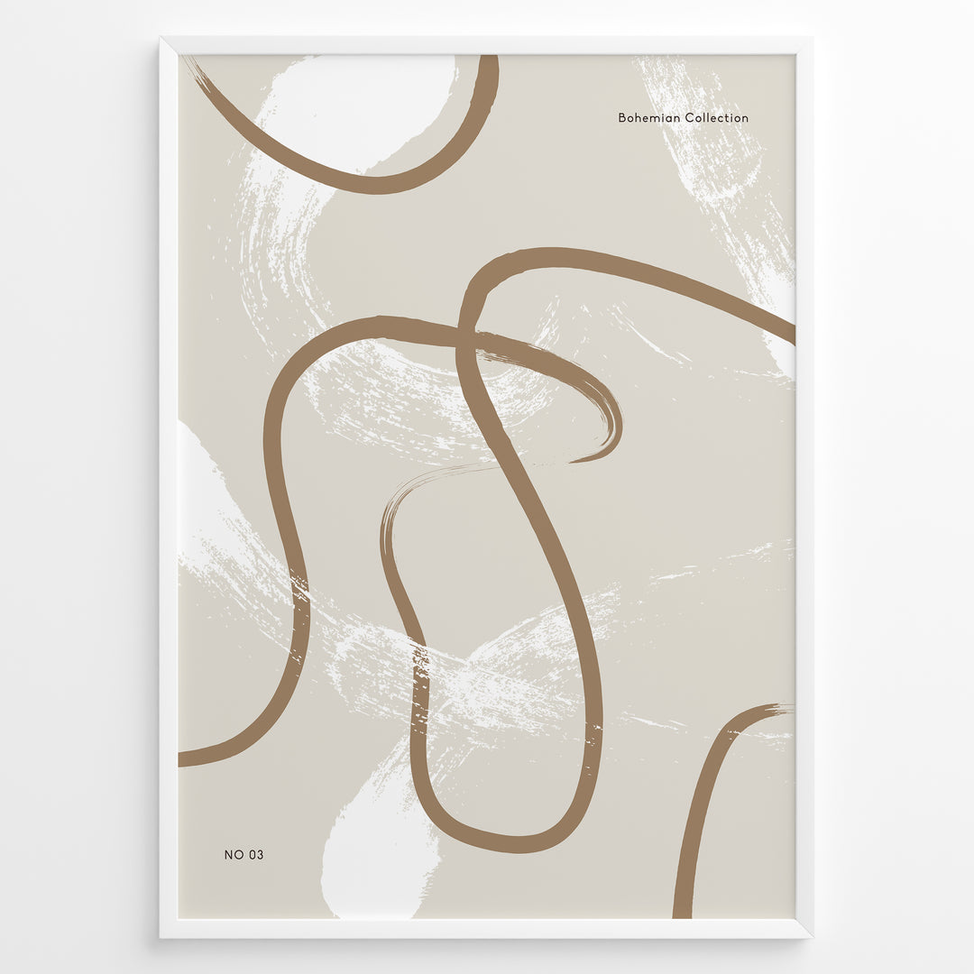 Framed abstract bohemian poster with beige background and smooth brown curved lines with white brush texture, minimalist wall art.