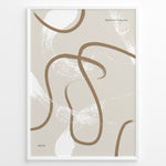 Indlæs billede til gallerivisning Framed abstract bohemian poster with beige background and smooth brown curved lines with white brush texture, minimalist wall art.
