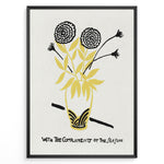 Indlæs billede til gallerivisning Framed vintage floral poster with black and yellow flowers in a vase and handwritten text reading “With the Compliments of the Season.”

