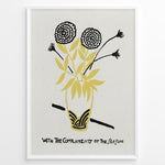 Indlæs billede til gallerivisning Framed vintage floral poster with black and yellow flowers in a vase and handwritten text reading “With the Compliments of the Season.”
