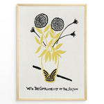 Indlæs billede til gallerivisning Framed vintage floral poster with black and yellow flowers in a vase and handwritten text reading “With the Compliments of the Season.”
